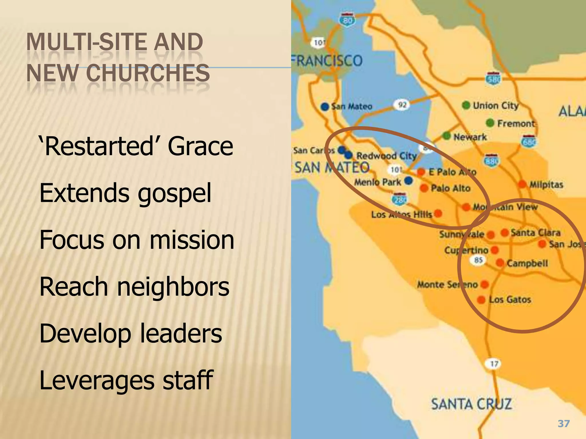 ‘Restarted’ GraceExtends gospelFocus on missionReach neighborsDevelop leadersLeverages staffMulti-Site and New Churches37