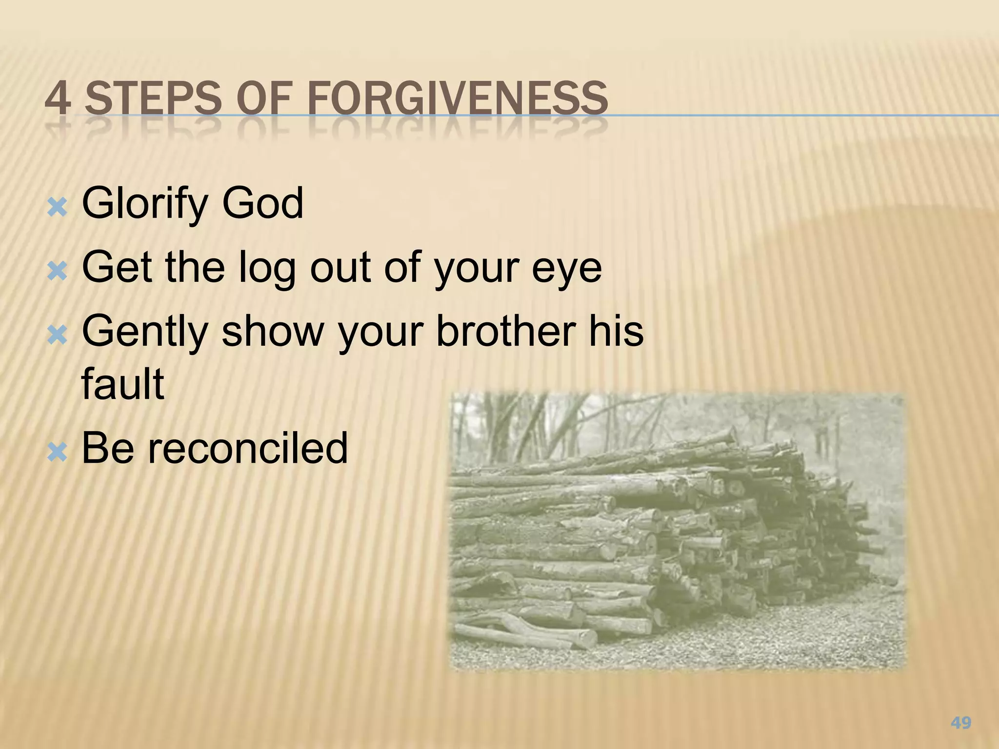 4 Steps of ForgivenessGlorify GodGet the log out of your eyeGently show your brother his faultBe reconciled49