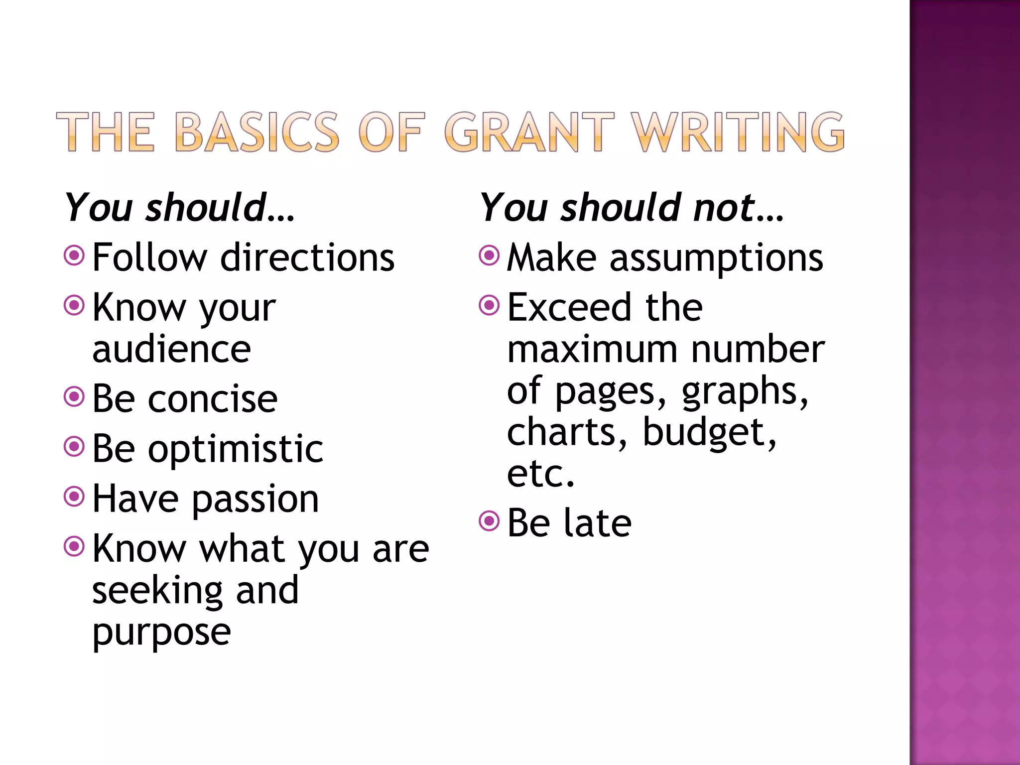 You should… Follow directions Know your audience Be concise Be optimistic Have passion Know what you are seeking and purpose You should not… Make assumptions Exceed the maximum number of pages, graphs, charts, budget, etc. Be late 