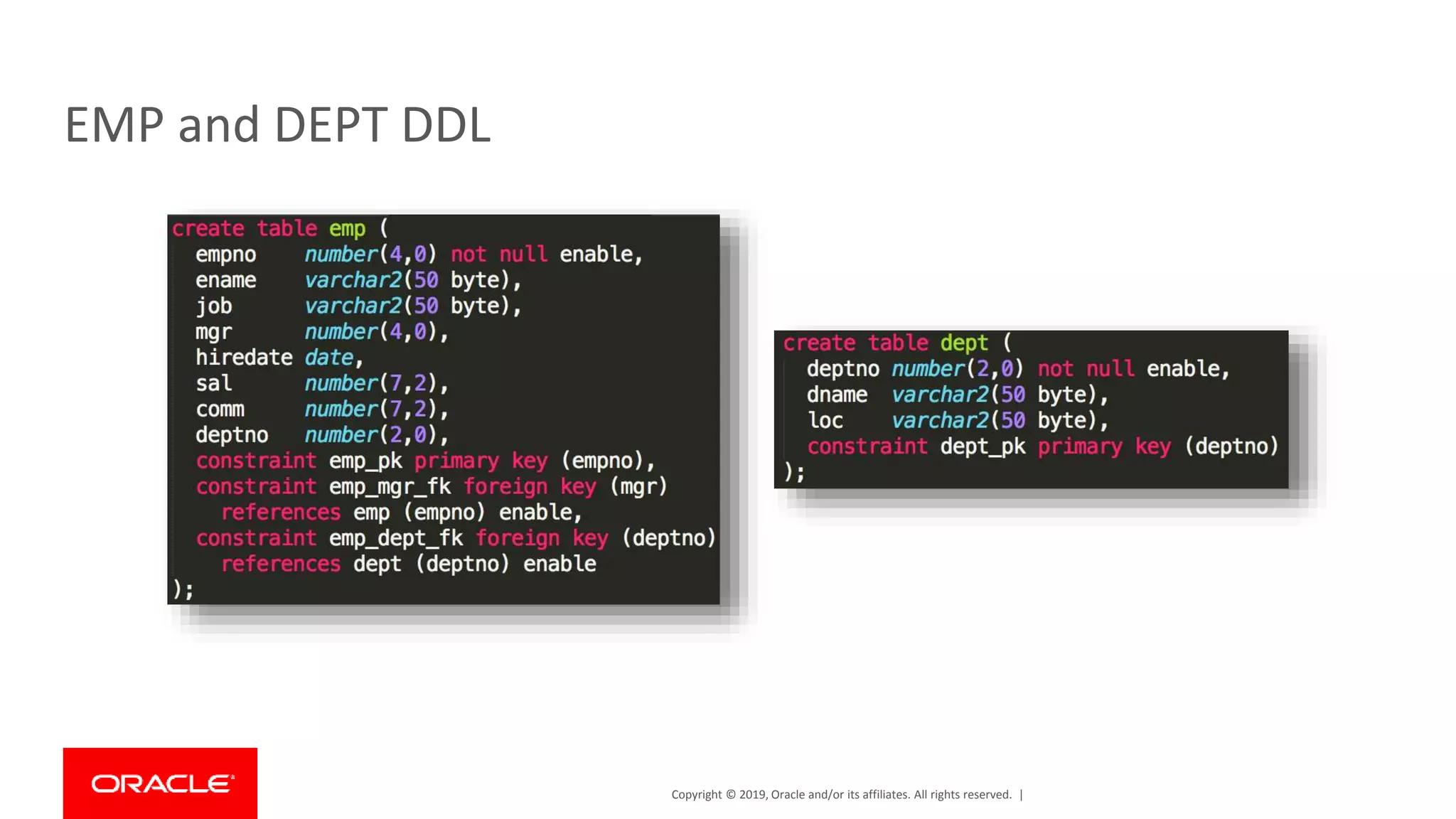 Copyright © 2019, Oracle and/or its affiliates. All rights reserved. | EMP and DEPT DDL 