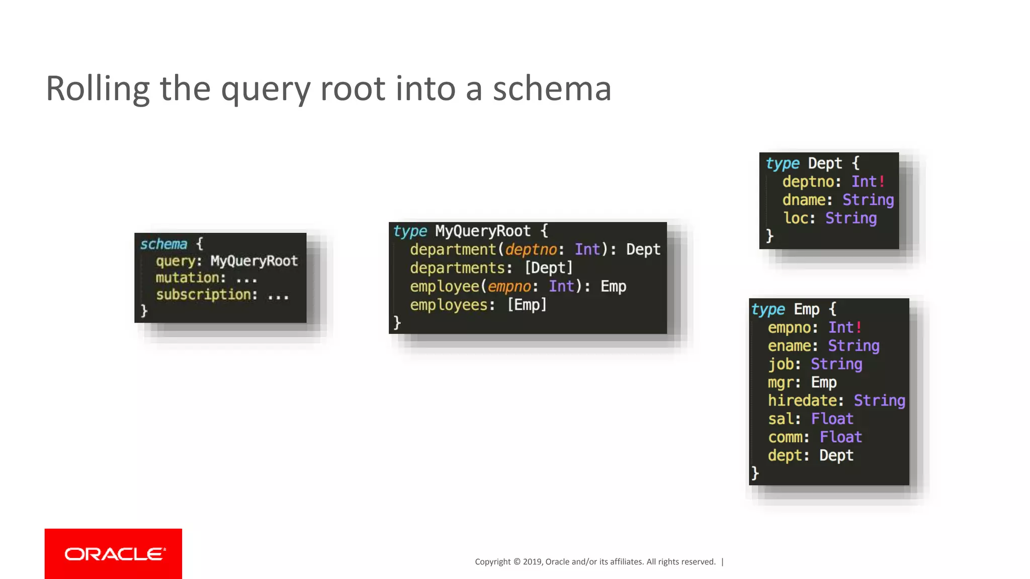 Copyright © 2019, Oracle and/or its affiliates. All rights reserved. | Rolling the query root into a schema 