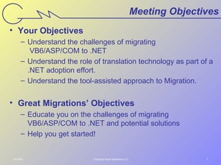 Meeting Objectives
• Your Objectives
      – Understand the challenges of migrating
         VB6/ASP/COM to .NET
      – Understand the role of translation technology as part of a
        .NET adoption effort.
      – Understand the tool-assisted approach to Migration.


• Great Migrations’ Objectives
      – Educate you on the challenges of migrating
        VB6/ASP/COM to .NET and potential solutions
      – Help you get started!


07/10/09                    Copyright Great Migrations LLC                  1
 