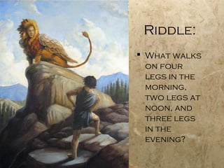 Riddle:
 What walks
  on four
  legs in the
  morning,
  two legs at
  noon, and
  three legs
  in the
  evening?
 