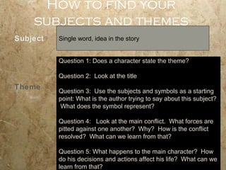 How to find your
    subjects and themes
Subject   Single word, idea in the story


          Question 1: Does a character state the theme?

          Question 2: Look at the title
Theme     Question 3: Use the subjects and symbols as a starting
          point: What is the author trying to say about this subject?
          What does the symbol represent?

          Question 4: Look at the main conflict. What forces are
          pitted against one another? Why? How is the conflict
          resolved? What can we learn from that?

          Question 5: What happens to the main character? How
          do his decisions and actions affect his life? What can we
          learn from that?
 