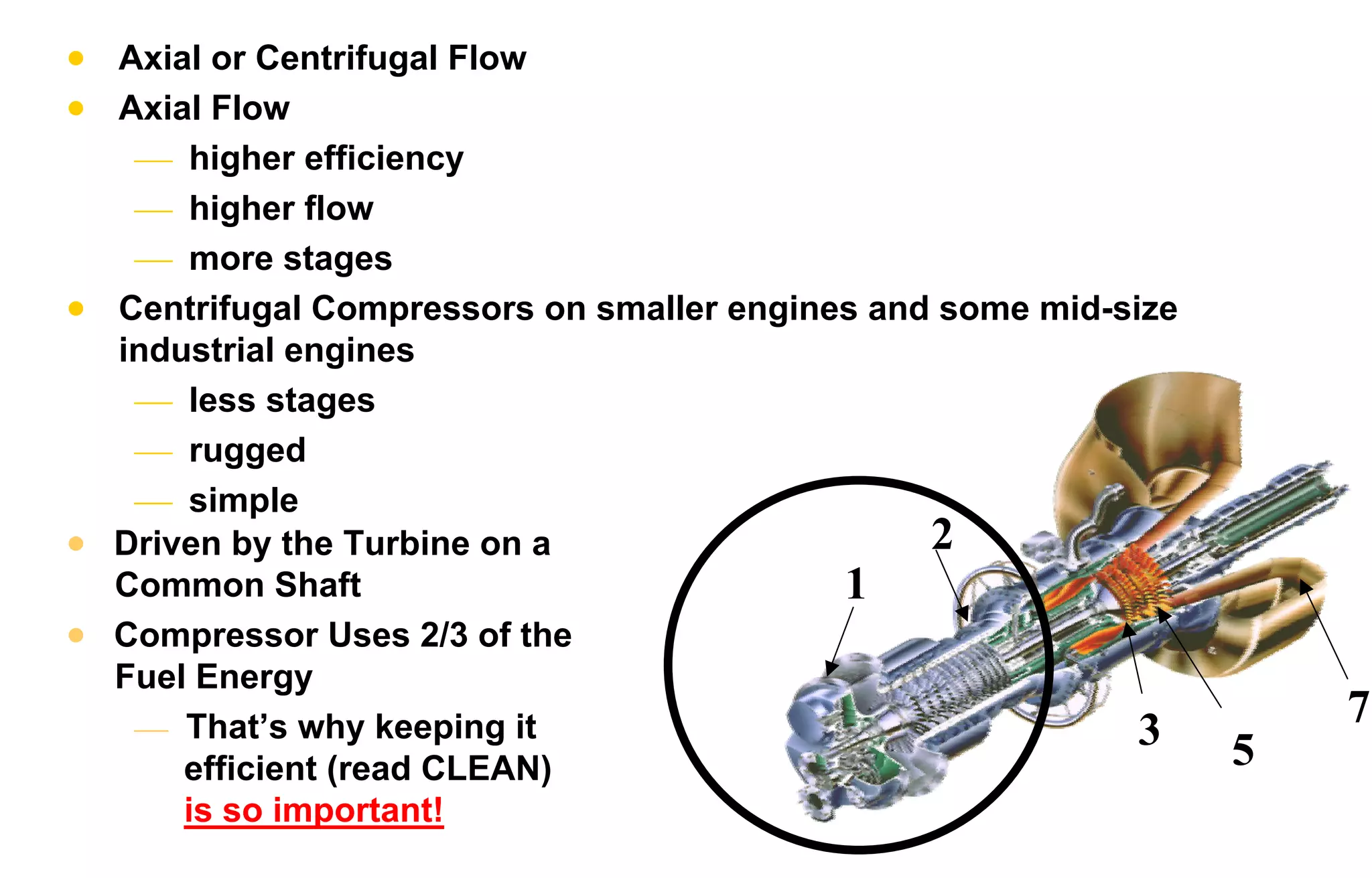 1 
2 
3 5 
7 
• Axial or Centrifugal Flow 
• Axial Flow 
 higher efficiency 
 higher flow 
 more stages 
• Centrifugal Compressors on smaller engines and some mid-size 
industrial engines 
 less stages 
 rugged 
 simple 
• Driven by the Turbine on a 
Common Shaft 
• Compressor Uses 2/3 of the 
Fuel Energy 
 That’s why keeping it 
efficient (read CLEAN) 
is so important! 
 