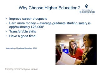 Why Choose Higher Education? Improve career prospects Earn more money – average graduate starting salary is approximately £25,000* Transferable skills Have a good time! *Association of Graduate Recruiters, 2010 