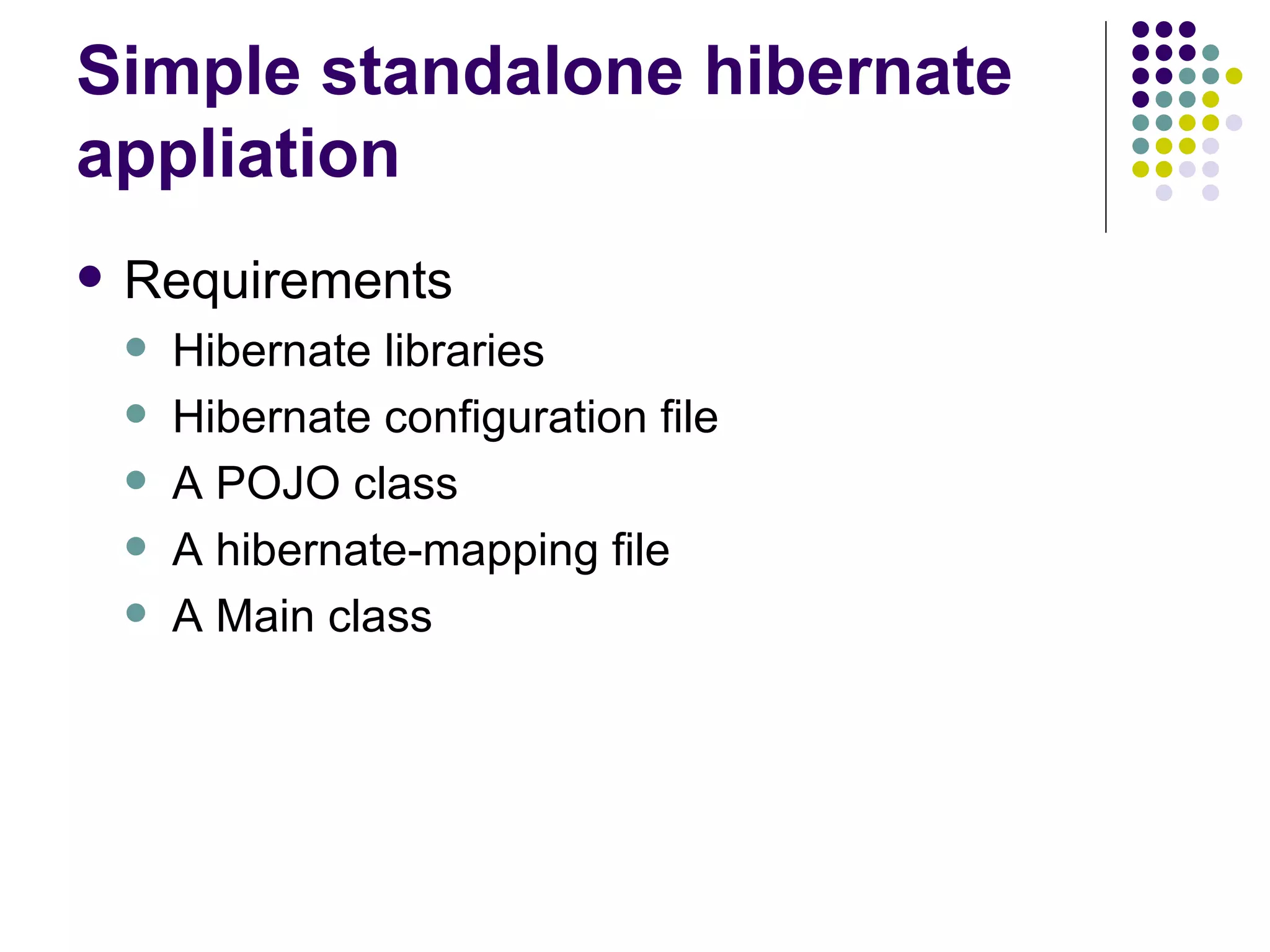 Simple standalone hibernate appliation Requirements Hibernate libraries Hibernate configuration file A POJO class A hibernate-mapping file A Main class 