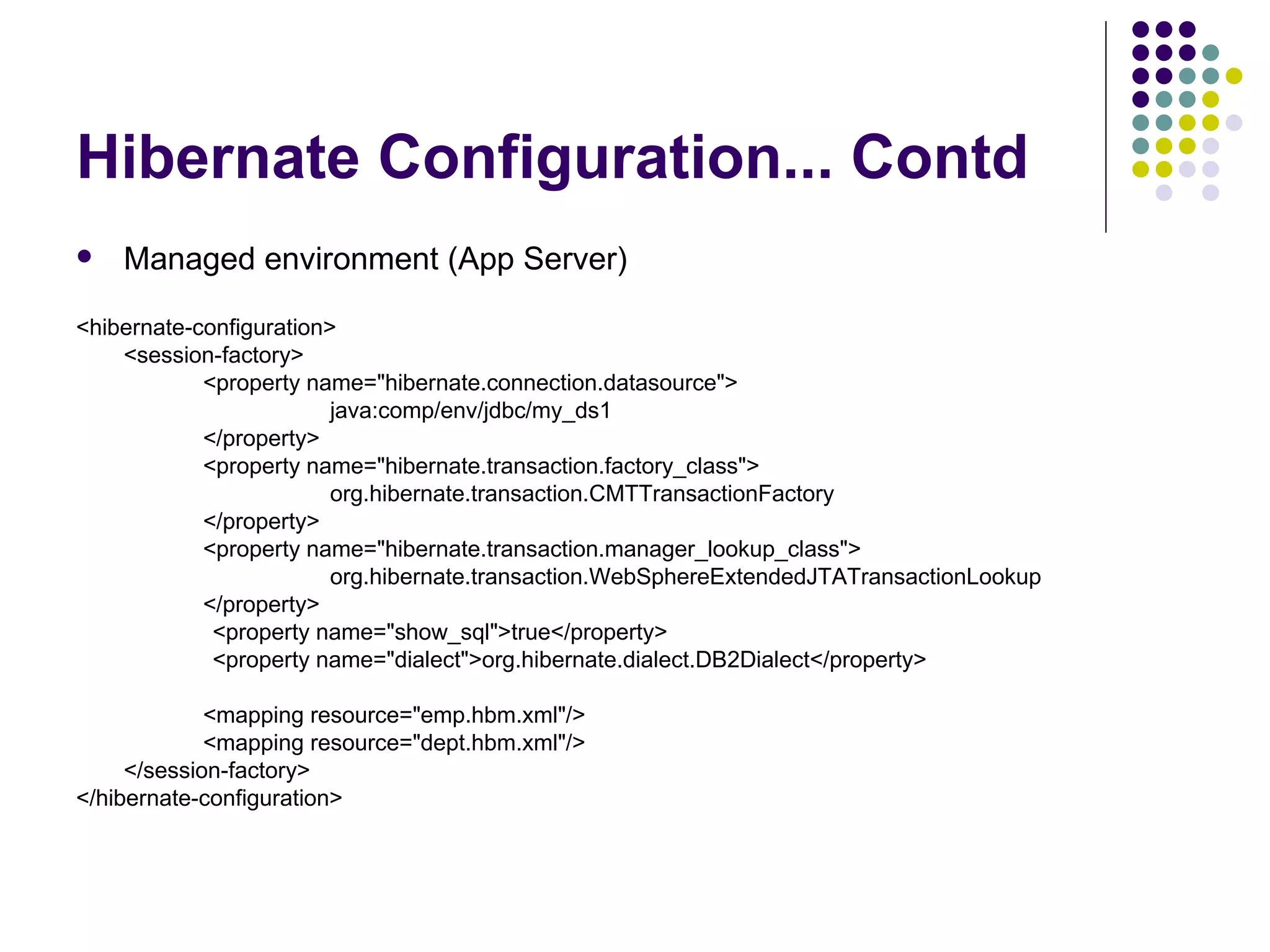 Hibernate Configuration... Contd Managed environment (App Server) <hibernate-configuration> <session-factory> <property name=&quot;hibernate.connection.datasource&quot;> java:comp/env/jdbc/my_ds1 </property> <property name=&quot;hibernate.transaction.factory_class&quot;> org.hibernate.transaction.CMTTransactionFactory </property> <property name=&quot;hibernate.transaction.manager_lookup_class&quot;> org.hibernate.transaction.WebSphereExtendedJTATransactionLookup </property>   <property name=&quot;show_sql&quot;>true</property>   <property name=&quot;dialect&quot;>org.hibernate.dialect.DB2Dialect</property> <mapping resource=&quot;emp.hbm.xml&quot;/> <mapping resource=&quot;dept.hbm.xml&quot;/> </session-factory> </hibernate-configuration> 