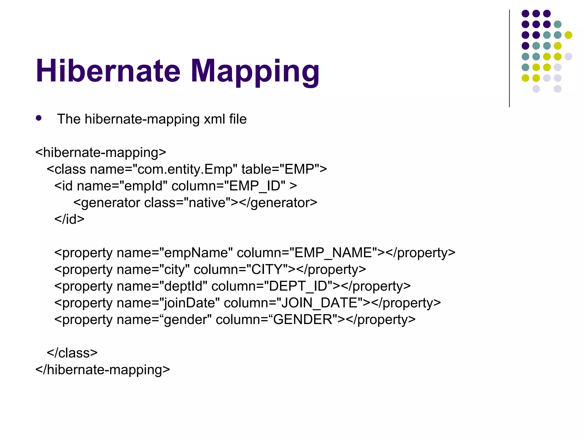 Hibernate Mapping The hibernate-mapping xml file <hibernate-mapping> <class name=&quot;com.entity.Emp&quot; table=&quot;EMP&quot;> <id name=&quot;empId&quot; column=&quot;EMP_ID&quot; > <generator class=&quot;native&quot;></generator> </id> <property name=&quot;empName&quot; column=&quot;EMP_NAME&quot;></property> <property name=&quot;city&quot; column=&quot;CITY&quot;></property> <property name=&quot;deptId&quot; column=&quot;DEPT_ID&quot;></property> <property name=&quot;joinDate&quot; column=&quot;JOIN_DATE&quot;></property> <property name=“gender&quot; column=“GENDER&quot;></property> </class> </hibernate-mapping> 