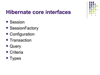 Hibernate core interfaces Session SessionFactory Configuration Transaction  Query Criteria Types 