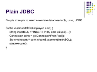 Plain JDBC Simple example to insert a row into database table, using JDBC public void insertRow(Employee emp) { String insertSQL = “INSERT INTO emp values(….); Connection conn = getConnectionFromPool(); Statement stmt = conn.createStatement(insertSQL); stmt.execute(); } 