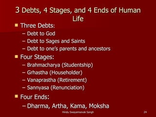 3 Debts, 4 Stages, and 4 Ends of Human
                             Life
   Three Debts:
    –   Debt to God
    –   Debt to Sages and Saints
    –   Debt to one’s parents and ancestors
   Four Stages:
    –   Brahmacharya (Studentship)
    –   Grhastha (Householder)
    –   Vanaprastha (Retirement)
    –   Sannyasa (Renunciation)
   Four Ends:
     – Dharma, Artha, Kama, Moksha
                      Hindu Swayamsevak Sangh   24
 