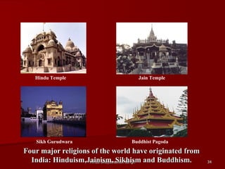 Hindu Temple                    Jain Temple




   Sikh Gurudwara                Buddhist Pagoda

Four major religions of the world have originated from
  India: Hinduism,Jainism, Sikhism and Buddhism.
                    Hindu Swayamsevak Sangh              34
 