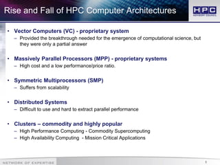 5
Rise and Fall of HPC Computer Architectures
• Vector Computers (VC) - proprietary system
– Provided the breakthrough needed for the emergence of computational science, but
they were only a partial answer
• Massively Parallel Processors (MPP) - proprietary systems
– High cost and a low performance/price ratio.
• Symmetric Multiprocessors (SMP)
– Suffers from scalability
• Distributed Systems
– Difficult to use and hard to extract parallel performance
• Clusters – commodity and highly popular
– High Performance Computing - Commodity Supercomputing
– High Availability Computing - Mission Critical Applications
 