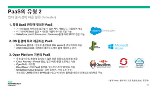 PaaS의 유형 2
1. 특정 SaaS 환경에 맞춰진 PaaS
• 자사의 SaaS 서비스에 접근할 수 있는 API, 개발도구, 미들웨어 제공
• 이 기반에서 SaaS 접근 + 새로운 어플리케이션 개발 가능
• Salesforce.com의 Force.com : Force.com을 통해서 SFDC 접근 가능
2. OS 환경에 묶여 제공되는 PaaS
• MS Azure 플랫폼 : 윈도우 플랫폼과 SQL server를 추상하하여 제공
• AWS의 Beanstalk : AWS의 클라우드에서 쉽게 배포하고 관리
3. Open Platform 기반의 PaaS
• 특정 클라우드 환경에 종속되지 않은 오픈 프로세스와 환경 제공
• Cloud Foundry : Pivotal 중심, 빌드-배포-운영 프로세스 지원
• OpenShift : 레드햇
• CloudBees : 자바 PaaS 플랫폼, 빌드/테스트/운영/관리 지원
• OCE(Open Cloud Engine) : 국산 솔루션, 자바 표준 준수,
큐브리드 DBMS/유엔진 BPMS/플라밍고 빅데이터 플랫폼/네트라 오케스트레이터로 구성
벤더 종속성에 따른 분류 (Forrester)
<출처: “PaaS : 클라우드 도입 효율의 완성“, 장진영>
15
 