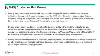 • Deploy new cloud-native apps on HPE Helion Stackato & get the benefits of elasticity, resource
utilization, developer & deployment experience. Use HPE Helion Stackato to address apps that are
customer facing, with reqs in flux, utilization patterns are variable, need to span multiple platforms &
form factors - such as marketing websites, mobile apps, web apps, etc.
• Deploy on any cloud – customers searching for business agility & the flexibility to deploy on any
infrastructure with a consistent experience for developers can purchase HPE Helion Stackato, and
deploy your applications on any infrastructure as a service (AWS, Azure, VMware, etc.). This enables IT
to be flexible around business/cost needs, while still maintaining visibility & compliance.
• Deploy applications that connect to traditional/legacy systems – we help enterprises merge the old and
new by enabling connections to traditional databases or services, in addition to access to the latest
technologies for developing applications.
HPE Private & Confidential
[첨부#5] Customer Use Cases
61
 