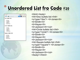 <html><body>
<h4>Disc bullets list:</h4>
<ul type="disc"> <li>Jones</li>
<li>Smith</li>
<li>Hayes</li>
<li>Jackson</li></ul>
<h4>Circle bullets list:</h4>
<ul type="circle"> <li>Jones</li>
<li>Simth</li>
<li>Hayes</li>
<li>Jackson</li></ul>
<h4>Square bullets list:</h4>
<ul type="square"> <li>Jones</li>
<li>Smith</li>
<li>Hayes</li>
<li>Jackson</li></ul>
</body></html>
* Unordered List fro Code #20
 