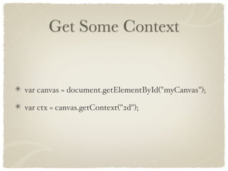 Get Some Context


var canvas = document.getElementById("myCanvas");

var ctx = canvas.getContext("2d");
 
