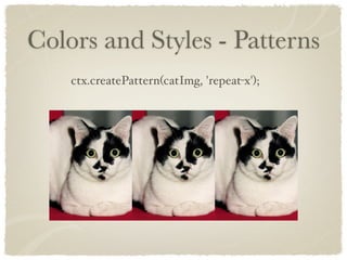 Colors and Styles - Patterns
    ctx.createPattern(catImg, 'repeat-x');
 