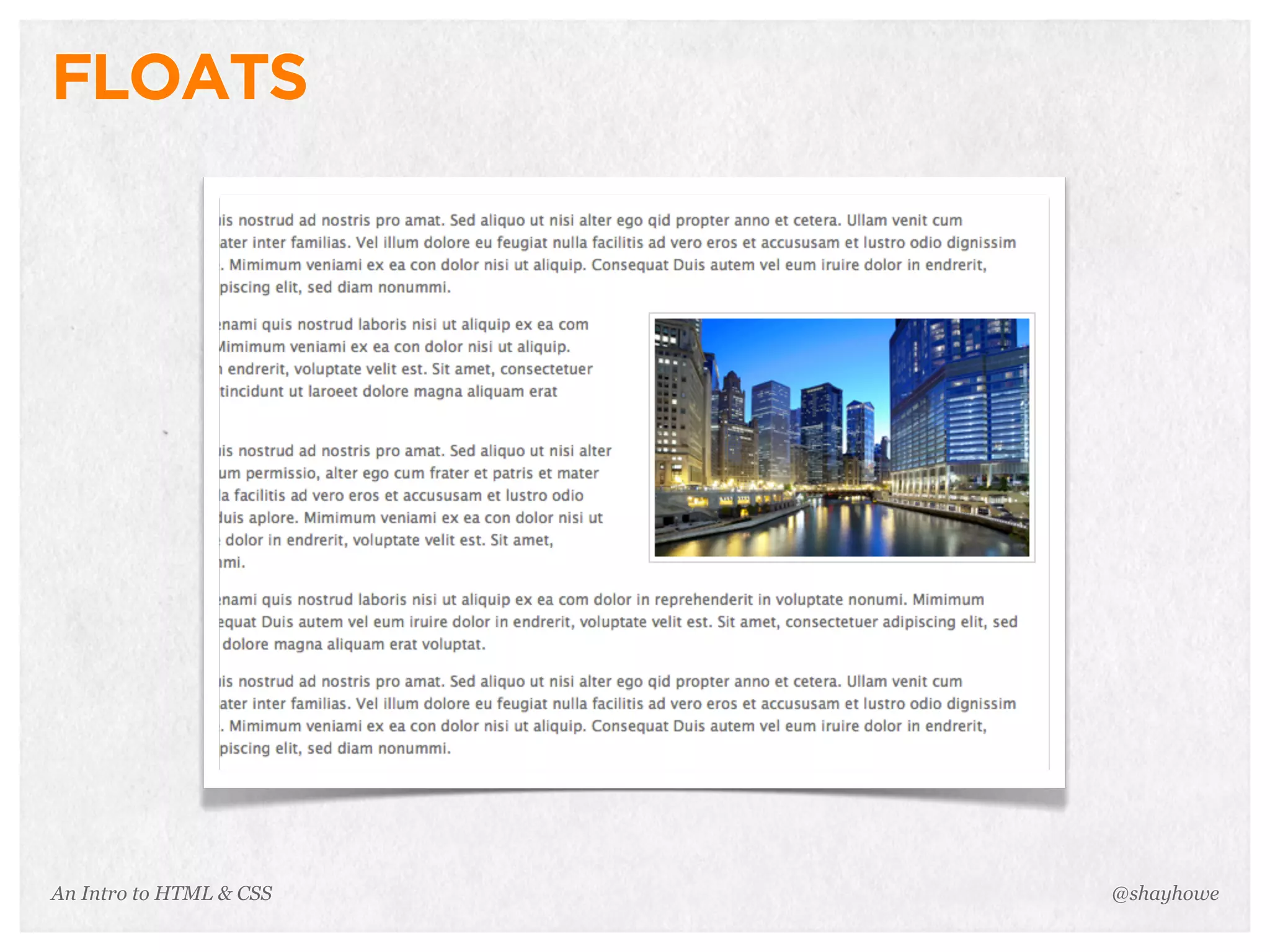 An Intro to HTML & CSS
FLOATS
@shayhowe
 