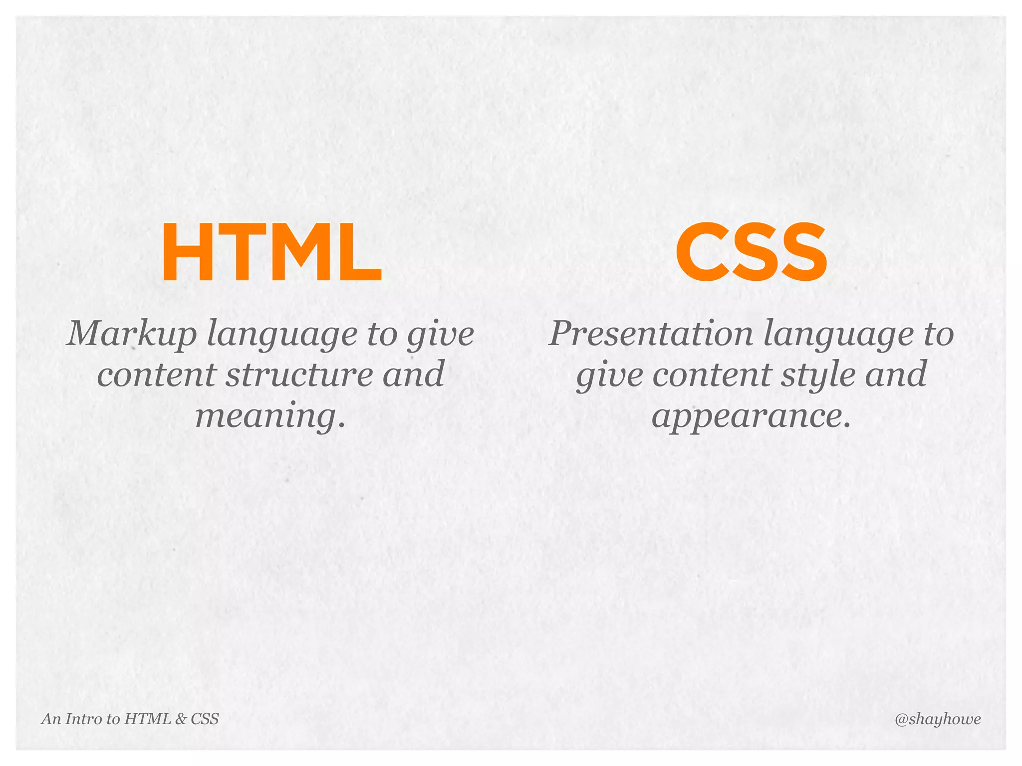 An Intro to HTML & CSS
HTML
Markup language to give
content structure and
meaning.
@shayhowe
CSS
Presentation language to
give content style and
appearance.
 