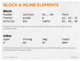 BLOCK & INLINE ELEMENTS
Block
Block level elements begin on a new line within the document and occupy the full
available width.
Inline
Inline level elements do not begin on a new line and fall into the flow of the document,
maintaing their necessary width.
An Intro to HTML & CSS @shayhowe
header
footer
article
section
aside
div
h1...h6
p
table
form
ul,	
  ol,	
  li
dl,	
  dt,	
  dd
span
a
strong
em
img
br
input
abbr
 
