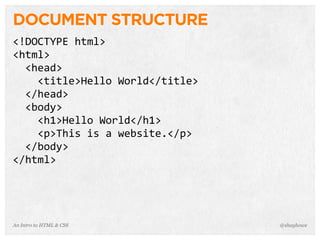 An Intro to HTML & CSS
DOCUMENT STRUCTURE
<!DOCTYPE	
  html>
<html>
	
  	
  <head>
	
  	
  	
  	
  <title>Hello	
  World</title>
	
  	
  </head>
	
  	
  <body>
	
  	
  	
  	
  <h1>Hello	
  World</h1>
	
  	
  	
  	
  <p>This	
  is	
  a	
  website.</p>
	
  	
  </body>
</html>
@shayhowe
 