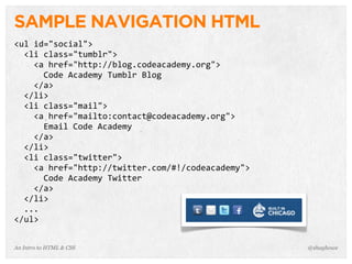 An Intro to HTML & CSS
SAMPLE NAVIGATION HTML
<ul	
  id="social">
	
  	
  <li	
  class="tumblr">
	
  	
  	
  	
  <a	
  href="http://blog.codeacademy.org">
	
  	
  	
  	
  	
  	
  Code	
  Academy	
  Tumblr	
  Blog
	
  	
  	
  	
  </a>
	
  	
  </li>
	
  	
  <li	
  class="mail">
	
  	
  	
  	
  <a	
  href="mailto:contact@codeacademy.org">
	
  	
  	
  	
  	
  	
  Email	
  Code	
  Academy
	
  	
  	
  	
  </a>
	
  	
  </li>
	
  	
  <li	
  class="twitter">
	
  	
  	
  	
  <a	
  href="http://twitter.com/#!/codeacademy">
	
  	
  	
  	
  	
  	
  Code	
  Academy	
  Twitter
	
  	
  	
  	
  </a>
	
  	
  </li>
	
  	
  ...
</ul>
@shayhowe
 