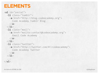An Intro to HTML & CSS
ELEMENTS
<ul	
  id="social">
	
  	
  <li	
  class="tumblr">
	
  	
  	
  	
  <a	
  href="http://blog.codeacademy.org">
	
  	
  	
  	
  	
  	
  Code	
  Academy	
  Tumblr	
  Blog
	
  	
  	
  	
  </a>
	
  	
  </li>
	
  	
  <li	
  class="mail">
	
  	
  	
  	
  <a	
  href="mailto:contact@codeacademy.org">
	
  	
  	
  	
  	
  	
  Email	
  Code	
  Academy
	
  	
  	
  	
  </a>
	
  	
  </li>
	
  	
  <li	
  class="twitter">
	
  	
  	
  	
  <a	
  href="http://twitter.com/#!/codeacademy">
	
  	
  	
  	
  	
  	
  Code	
  Academy	
  Twitter
	
  	
  	
  	
  </a>
	
  	
  </li>
	
  	
  ...
</ul>
@shayhowe
 