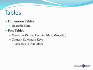 Tables
 Dimension Tables
 Describe Data
 Fact Tables
 Measures (Sums, Counts, Max, Min, etc.)
 Contain Surrogate Keys
 Link back to Dim Tables
 