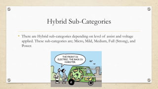 Hybrid Sub-Categories
• There are Hybrid sub-categories depending on level of assist and voltage
applied. These sub-categories are; Micro, Mild, Medium, Full (Strong), and
Power.
 
