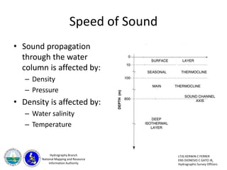 Speed of Sound
• Sound propagation
through the water
column is affected by:
– Density
– Pressure
• Density is affected by:
– Water salinity
– Temperature
7
Hydrography Branch
National Mapping and Resource
Information Authority
LTJG KERWIN C FERRER
ENS DIONESIO C GATO JR
Hydrographic Survey Officers
 