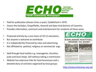 Council PapersAttracted much publicity – and ire – in recent years. Eric Pickles has promised to clamp down on "frivolous town hall propaganda papers" 	which “threatened the viability of the independent local press.”Current CLG consultation proposes: 	*  Councils can only publish municipal newspapers 4 x p.a.  	*  Must not be direct competition to local press	*  Should only include material directly related to council services. Audit by the Newspaper Society in August 09:436 Local Authorities in England contacted.199 replied.  32% said publishing 1/4ly.Councils have said they are filling a gap in 	local news and information no longer 	filled by paid-for titles.