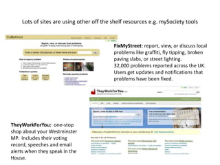 Selected winners at the Talk About Local and Guardian Local awards earlier this year (NB: the sites not cited elsewhere in these slides)Best community engagement: - w14London - http://w14london.ning.comBest use of audio:  Mr Caulkhead Isle of Wight colloquialisms: http://www.ipadio.com/phlogs/mrcaulkhead/Best use of photography -  4am project Karen Strunks  - http://4amproject.org/The Hyperlocal Extreme Award for thrilling, breathtaking or dangerous examples of innovation in a small area - http://www.kingtonblackboard.org - for issues around Christmas lightsLulz Award for site, project or individual that made us laugh: Glum Councillors - http://glumcouncillors.tumblr.com/Most Inspirational site: Josh Halliday for firing up young journalists with his doorstep project SR2 - http://sr2blog.com/Best local special interest website: Greener Leith  - http://www.greenerleith.org/Best use of video: East Salford direct tv  - http://eastsalforddirect.co.uk/tv