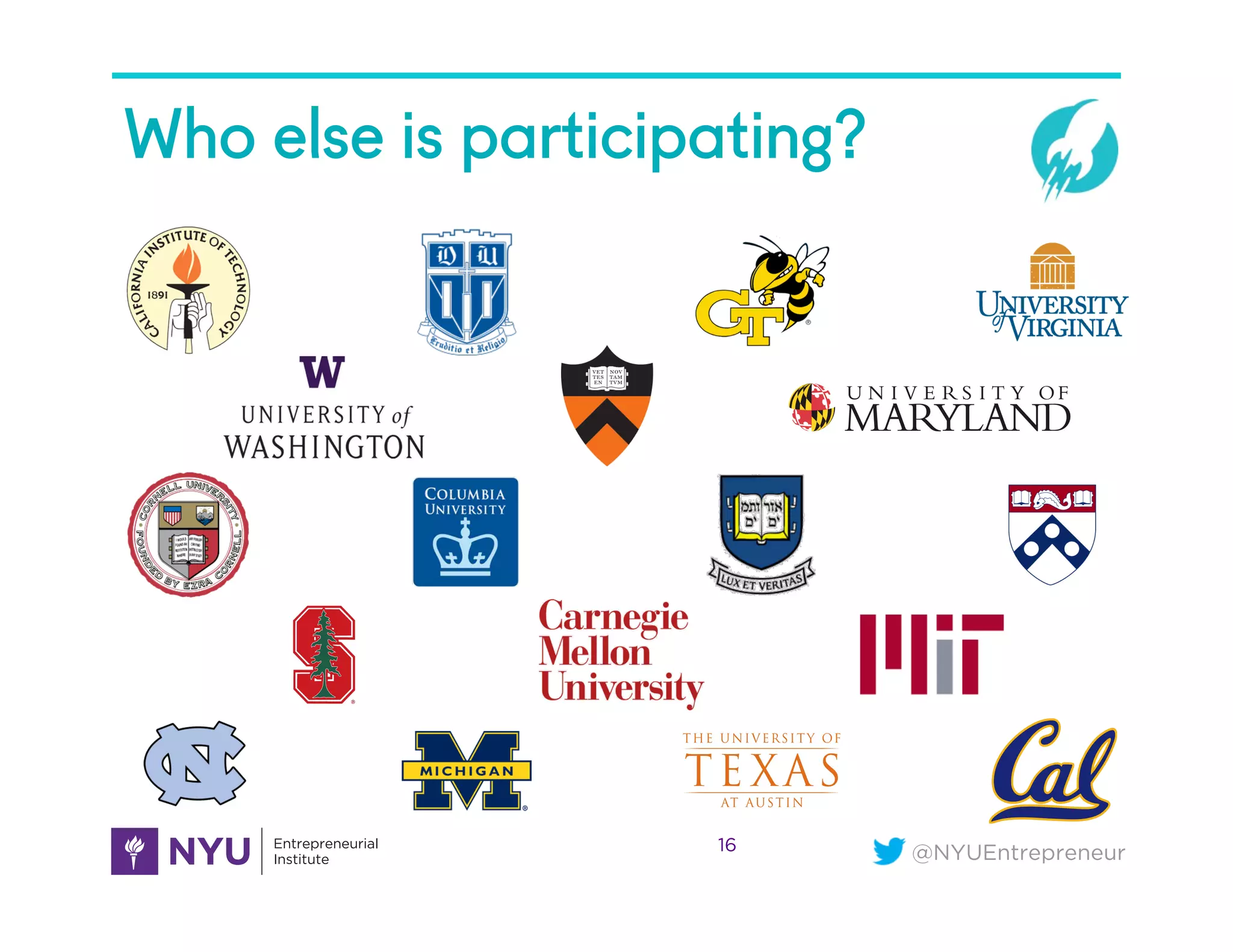 @NYUEntrepreneur
Who else is participating?
16
 