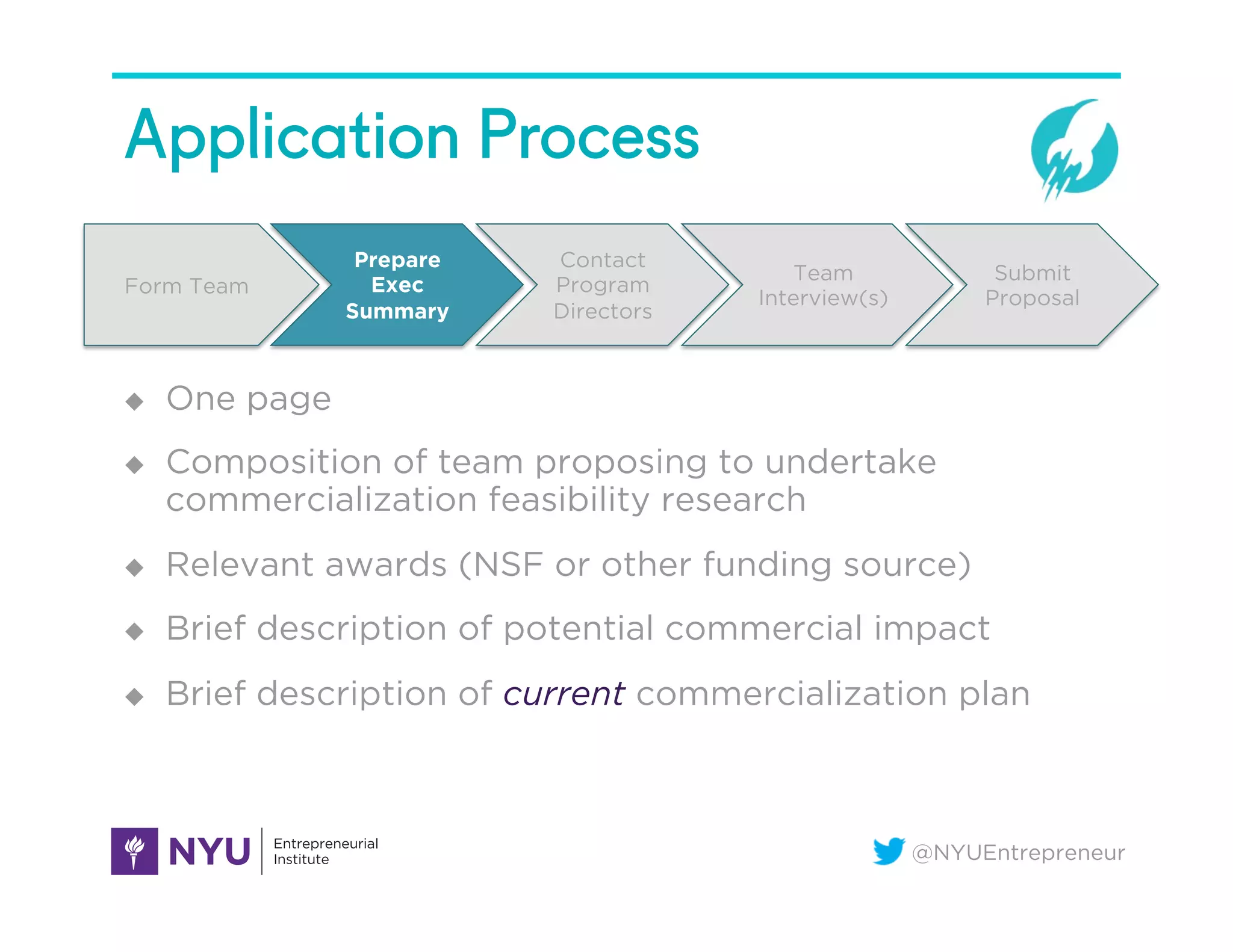 @NYUEntrepreneur
Application Process
Form Team
Prepare
Exec
Summary
Contact
Program
Directors
Team
Interview(s)
Submit
Proposal
u  One page
u  Composition of team proposing to undertake
commercialization feasibility research
u  Relevant awards (NSF or other funding source)
u  Brief description of potential commercial impact
u  Brief description of current commercialization plan
 