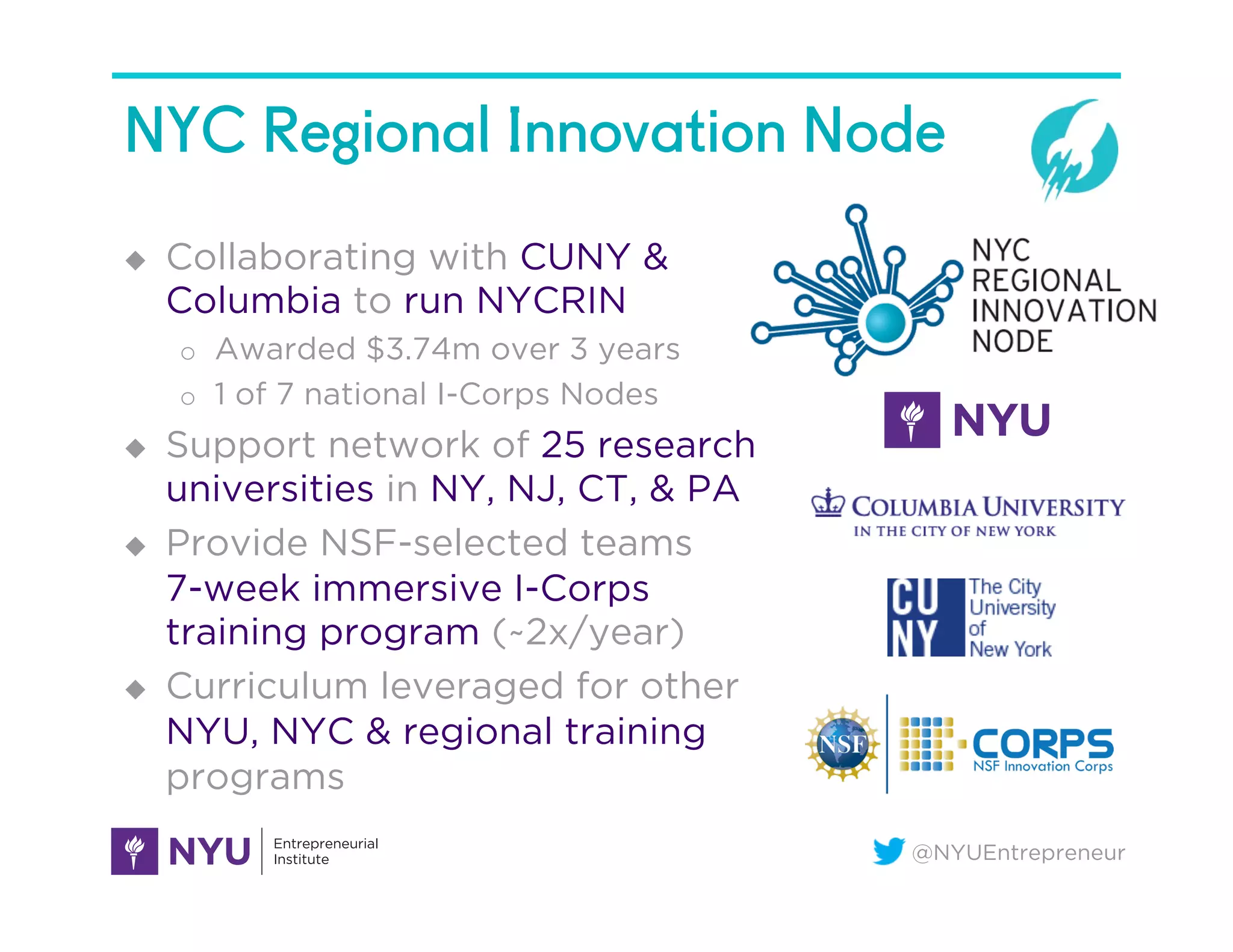 @NYUEntrepreneur
NYC Regional Innovation Node
u  Collaborating with CUNY &
Columbia to run NYCRIN
o  Awarded $3.74m over 3 years
o  1 of 7 national I-Corps Nodes
u  Support network of 25 research
universities in NY, NJ, CT, & PA
u  Provide NSF-selected teams
7-week immersive I-Corps
training program (~2x/year)
u  Curriculum leveraged for other
NYU, NYC & regional training
programs
 