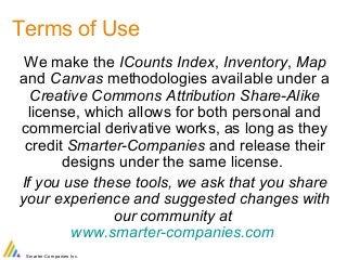Terms of Use 
We make the ICounts Index, Inventory, Map 
and Canvas methodologies available under a 
Creative Commons Attr...