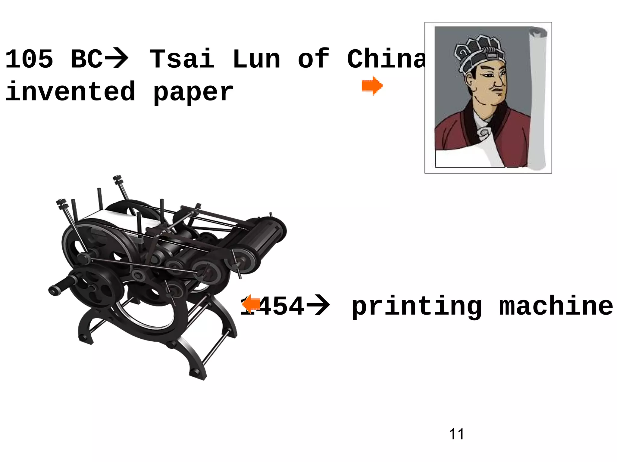 11
105 BC Tsai Lun of China
invented paper
1454 printing machine
 