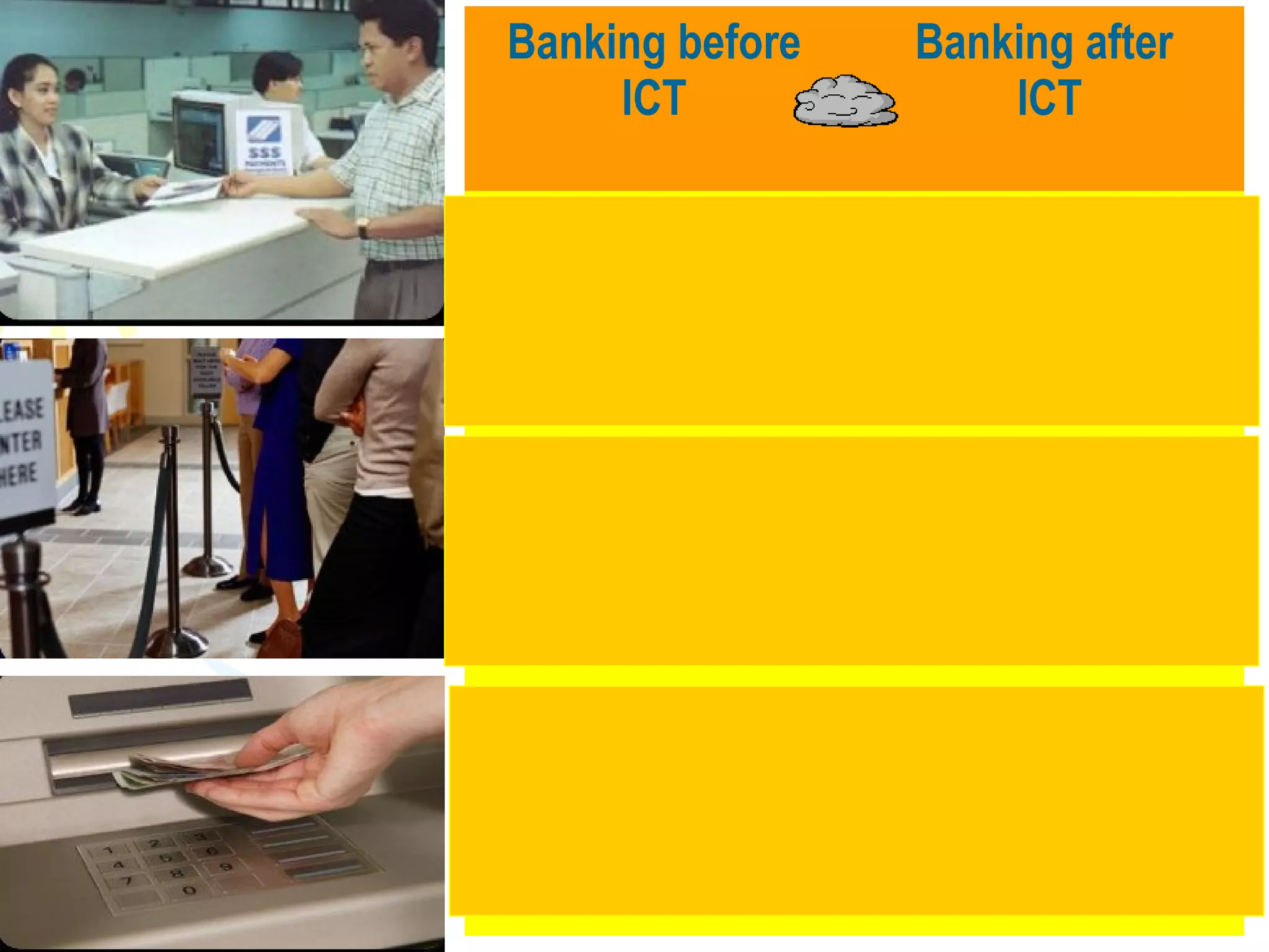 57
Banking before
ICT
Banking after
ICT
Banking was done
manually by taking
deposits directly
All transactions are
done by computers
Transactions can
only be made
during working
hour
Transaction can be
done at anytime and
place.
Takes time to
approve any loan
applications
Online services,
phone banking
system, credit cards
are available
 