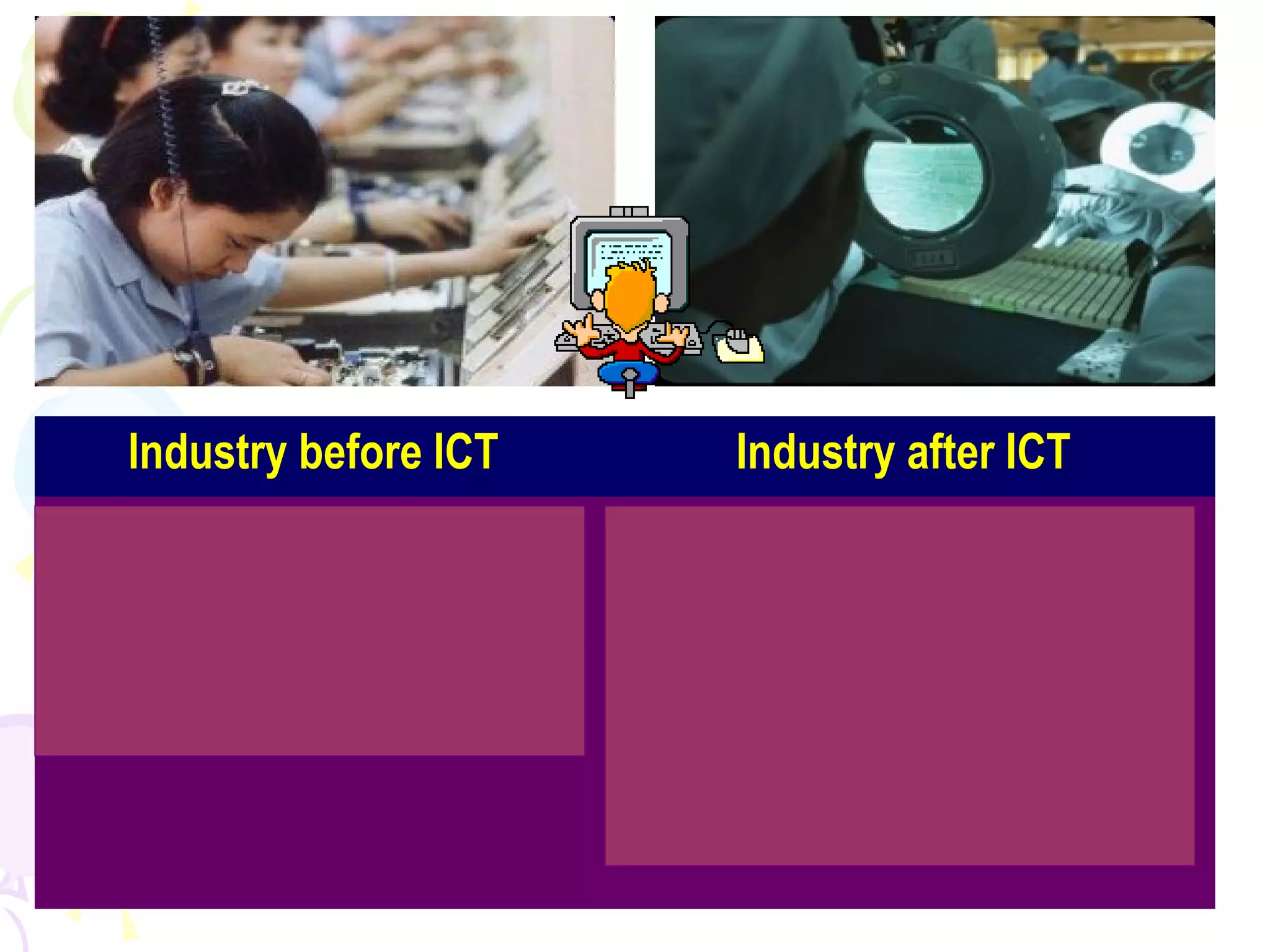 58
Industry before ICT Industry after ICT
Industry was slow because
everything was done
manually and totally
depended on human labor
Computers and
telecommunications industry
became very popular and
profitable since production can
be increased through an all day
operator
 