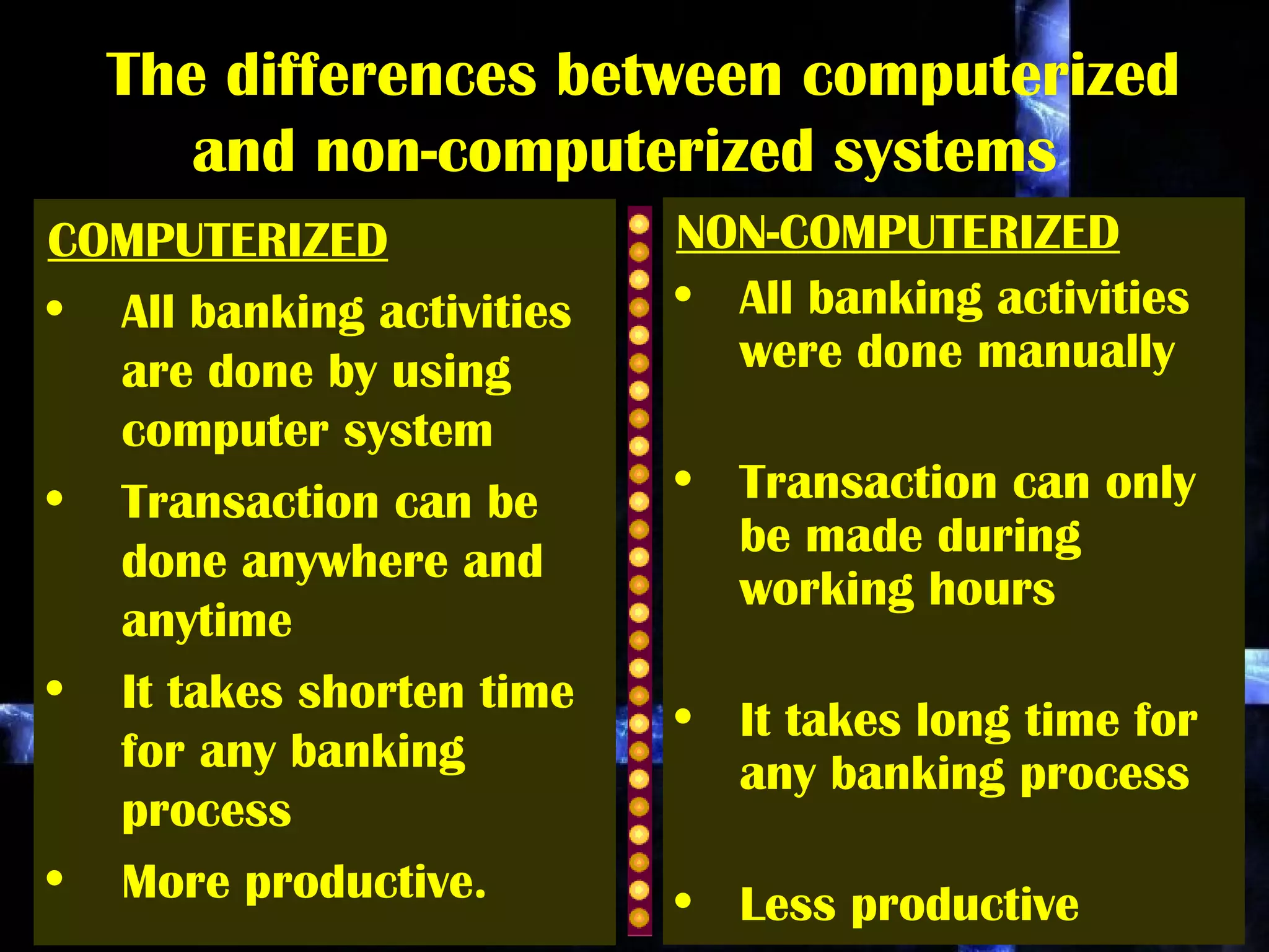 60
The differences between computerized
and non-computerized systems
COMPUTERIZED
• All banking activities
are done by using
computer system
• Transaction can be
done anywhere and
anytime
• It takes shorten time
for any banking
process
• More productive.
NON-COMPUTERIZED
• All banking activities
were done manually
• Transaction can only
be made during
working hours
• It takes long time for
any banking process
• Less productive
 