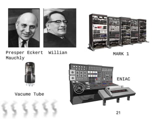 21
Presper Eckert Willian
Mauchly
MARK 1
Vacume Tube
ENIAC
 