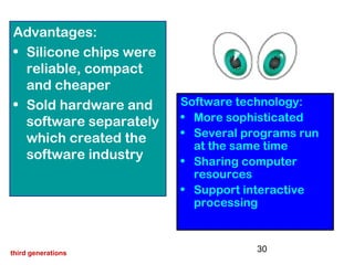 30
Advantages:
• Silicone chips were
reliable, compact
and cheaper
• Sold hardware and
software separately
which created the
software industry
Software technology:
• More sophisticated
• Several programs run
at the same time
• Sharing computer
resources
• Support interactive
processing
third generations
 