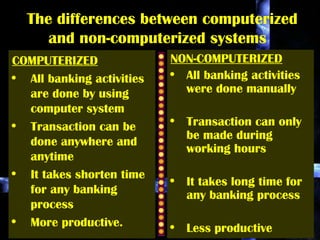 60
The differences between computerized
and non-computerized systems
COMPUTERIZED
• All banking activities
are done by using
computer system
• Transaction can be
done anywhere and
anytime
• It takes shorten time
for any banking
process
• More productive.
NON-COMPUTERIZED
• All banking activities
were done manually
• Transaction can only
be made during
working hours
• It takes long time for
any banking process
• Less productive
 