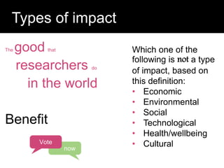 The good that
researchers do
in the world
Benefit
Question:
Types of impact
Which one of the
following is not a type
of impact, based on
this definition:
• Economic
• Environmental
• Social
• Technological
• Health/wellbeing
• Cultural
Vote
now
 