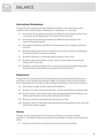 BALANCE



International Mindedness
Through this unit, students will look at balancing a belief in one’s own culture with a
respect for that of others which is different e.g.: individuality vs. community
    4.1       Know about the key features related to the different lives of people in their home
              country and, where appropriate, their parents’ home countries
    4.2       Know about the key features related to the different lives of people in the
              countries they have studied
    4.4       Know about similarities and differences between the lives of people in different
              countries
    4.5       Be able to explain how the lives of people in one country or group are affected by
              the activities of other countries or groups
    4.7       Be able to develop an increasingly mature response to the ‘other’
    4.8       Be able to appreciate another country, culture, society while still valuing and
              taking pride in one’s own
    4.11 Develop an understanding that there is value in knowing and understanding both
         the similarities and the differences between different countries


Dispositions
Through this unit, students will look at how societies accept balanced characteristics in
individuals versus extreme characteristics. What is the impact of this current situation?
Has it always been like this? Does it differ between individualistic and collective cultures?
    4.6       Know about a range of views, cultures and traditions
    4.7       Be able to consider and respect the views, cultures and traditions of other people
    4.29 Be better able to communicate effectively and appropriately with individuals, and
         reﬂect upon how their actions affect themselves and others
    4.32 Be able to consider and respect alternative points of view
    4.34 Be able to reﬂect on what they have learned and its implications for their own lives
         and the lives of other people


History
Through this unit, students will look at the issue of balance in accounts made by
historians. It will explore different perspectives and consider the impact on the stories we
inherit.
    4.1       Know the characteristic features of particular periods and societies




From Fieldwork Education, a division of the World Class Learning Group. © WCL Group Limited. All rights reserved. Not to be reproduced without permission.   10
 