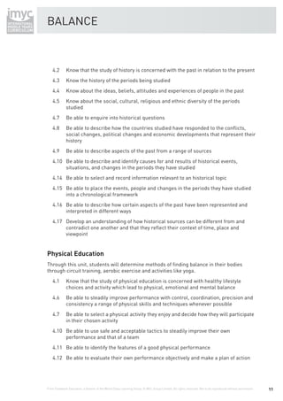 BALANCE



    4.2       Know that the study of history is concerned with the past in relation to the present
    4.3       Know the history of the periods being studied
    4.4       Know about the ideas, beliefs, attitudes and experiences of people in the past
    4.5       Know about the social, cultural, religious and ethnic diversity of the periods
              studied
    4.7       Be able to enquire into historical questions
    4.8       Be able to describe how the countries studied have responded to the conﬂicts,
              social changes, political changes and economic developments that represent their
              history
    4.9       Be able to describe aspects of the past from a range of sources
    4.10 Be able to describe and identify causes for and results of historical events,
         situations, and changes in the periods they have studied
    4.14 Be able to select and record information relevant to an historical topic
    4.15 Be able to place the events, people and changes in the periods they have studied
         into a chronological framework
    4.16 Be able to describe how certain aspects of the past have been represented and
         interpreted in different ways
    4.17 Develop an understanding of how historical sources can be different from and
         contradict one another and that they reﬂect their context of time, place and
         viewpoint


Physical Education
Through this unit, students will determine methods of ﬁnding balance in their bodies
through circuit training, aerobic exercise and activities like yoga.
    4.1       Know that the study of physical education is concerned with healthy lifestyle
              choices and activity which lead to physical, emotional and mental balance
    4.6       Be able to steadily improve performance with control, coordination, precision and
              consistency a range of physical skills and techniques whenever possible
    4.7       Be able to select a physical activity they enjoy and decide how they will participate
              in their chosen activity
    4.10 Be able to use safe and acceptable tactics to steadily improve their own
         performance and that of a team
    4.11 Be able to identify the features of a good physical performance
    4.12 Be able to evaluate their own performance objectively and make a plan of action




From Fieldwork Education, a division of the World Class Learning Group. © WCL Group Limited. All rights reserved. Not to be reproduced without permission.   11
 