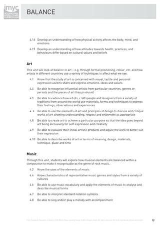 BALANCE



    4.16 Develop an understanding of how physical activity affects the body, mind, and
         emotions
    4.19 Develop an understanding of how attitudes towards health, practices, and
         behaviours differ based on cultural values and beliefs


Art
This unit will look at balance in art – e.g. through formal positioning, colour, etc. and how
artists in different countries use a variety of techniques to affect what we see.
    4.1       Know that the study of art is concerned with visual, tactile and personal
              expression used to share and express emotions, ideas and values
    4.4       Be able to recognise inﬂuential artists from particular countries, genres or
              periods and the pieces of art they produced
    4.5       Be able to evidence how artists, craftspeople and designers from a variety of
              traditions from around the world use materials, forms and techniques to express
              their feelings, observations and experiences
    4. 6      Be able to use the elements of art and principles of design to discuss and critique
              works of art showing understanding, respect and enjoyment as appropriate
    4.8       Be able to create art to achieve a particular purpose so that the idea goes beyond
              art being exclusively for self-expression and creativity
    4.9       Be able to evaluate their initial artistic products and adjust the work to better suit
              their expression
    4.10 Be able to describe works of art in terms of meaning, design, materials,
         technique, place and time


Music
Through this unit, students will explore how musical elements are balanced within a
composition to make it recognisable as the genre of rock music.
    4.2       Know the uses of the elements of music
    4.4       Know characteristics of representative music genres and styles from a variety of
              cultures
    4.6       Be able to use music vocabulary and apply the elements of music to analyse and
              describe musical forms
    4.7       Be able to interpret standard notation symbols
    4.8       Be able to sing and/or play a melody with accompaniment




From Fieldwork Education, a division of the World Class Learning Group. © WCL Group Limited. All rights reserved. Not to be reproduced without permission.   12
 