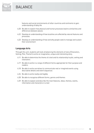 BALANCE



              features and social environments of other countries and continents to gain
              understanding of daily life
    4.20 Be able to explain how physical and human processes lead to similarities and
         differences between places
    4.22 Develop an understanding of how localities are affected by natural features and
         processes
    4.23 Develop an understanding of how and why people seek to manage and sustain
         their environment


Language Arts
Through this unit, students will look at balancing the elements of story (Characters,
Setting, Plot, Theme) to write an imaginative, unique and interesting story.
    4.11 Be able to determine the theme of a text and its relationship to plot, setting and
         characters
    4.17 Be able to write in a range of different forms appropriate for their purpose and
         readers
    4.18 Be able to write narratives to communicate real or imagined events using
         descriptive details and event sequences
    4.24 Be able to write neatly and legibly
    4.28 Be able to recognise different forms, genres and themes
    4.29 Be able to explain and describe the main features, ideas, themes, events,
         information and characters in a text




From Fieldwork Education, a division of the World Class Learning Group. © WCL Group Limited. All rights reserved. Not to be reproduced without permission.   15
 